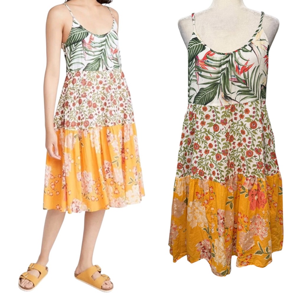 Roller Rabbit Midi Dress Womens M Tiered Mixed Floral Pockets Nusa Penida Dakota